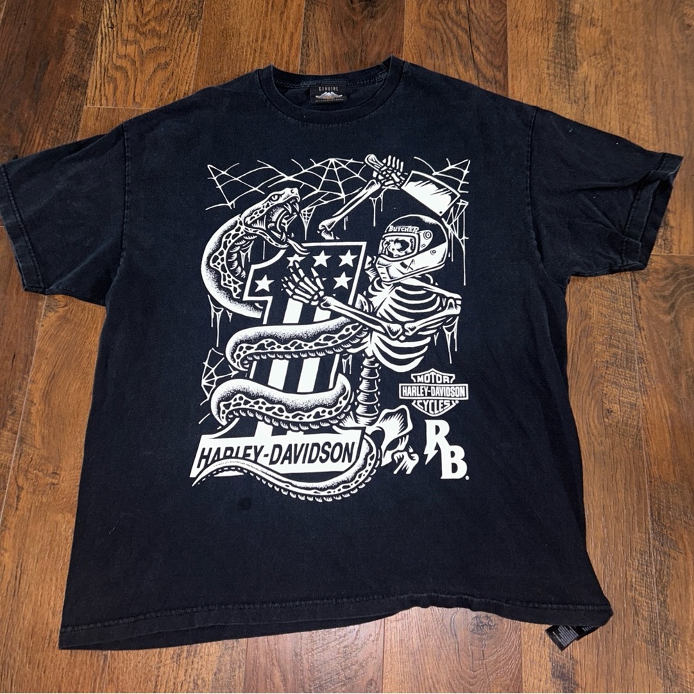 Harley-Davidson Rusty Butcher Black Tee with Skeleton and Snake Graphic